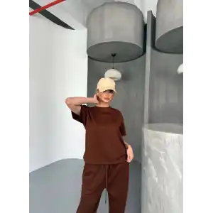 Osy Modal Yumuşak Dokulu Kumaş Kısa Kollu Bluz Rahat Pantalon ikili Takım- Kahverengi