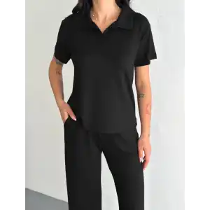 Osy Modal Yumuşak Dokulu Kumaş Kısa Kollu Yakalı T-shirt Pantalon ikili Takım- Siyah