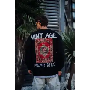 Oversize Bisiklet Yaka Üç İplik Baskılı SweatShirt - Siyah