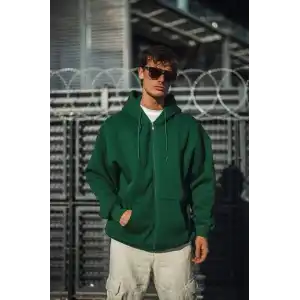 Oversize Tam Fermuarlı Uzun Kol Hırka - Haki