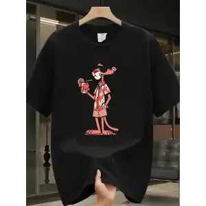 Pembe Panter Baskılı Erkek Oversize Günlük Kısa Kollu Tişört İlkbahar ve Yaz için Mükemmeldir - Siyah