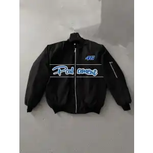 Siyah Parliament Bomber Mont – 46 Numara Detaylı, Fermuarlı, Cepli, Uzun Kollu, Spor ve Günlük Giyim İçin Rahat Unisex Mont - Siyah