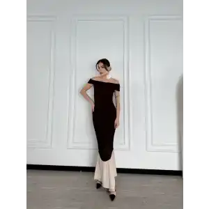 Striptiz Omuzlu Uzun Elbise- Kahve