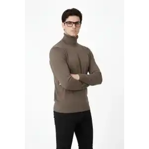 Tam Boğazlı Balıkcı Yaka Triko Kazak yumuşak dokulu Pamuklu ince Dokuma, uzun kollu Rahat Regular kalıp - Kahverengi