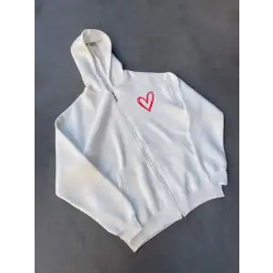 Üç İplik Baskılı Fermuarlı Kapüşonlu Hırka - Beyaz