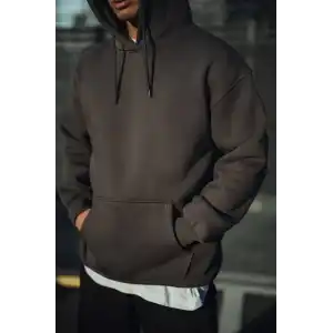 Üç İplik Penye Kapşonlu Basic SweatShirt - Füme