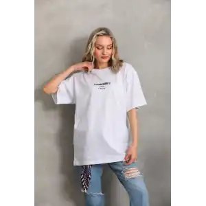 Unisex Baskılı Oversize T-Shirt - Beyaz