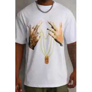 Unisex Baskılı Oversize T-Shirt - Beyaz