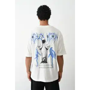 Unisex Baskılı Oversize T-Shirt - Beyaz