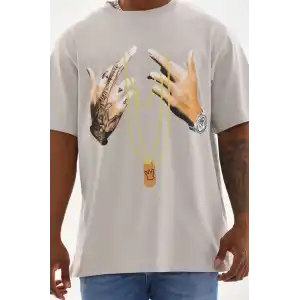 Unisex Baskılı Oversize T-Shirt - Gri