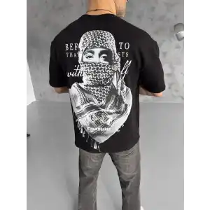 Unisex Baskılı Oversize T-Shirt - Siyah