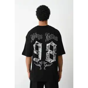 Unisex Baskılı Oversize T-Shirt - Siyah