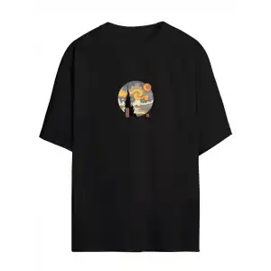 Unisex Baskılı Oversize T-Shirt - Siyah