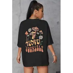 Unisex Baskılı Oversize T-Shirt - Siyah