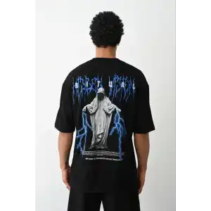 Unisex Baskılı Oversize T-Shirt - Siyah