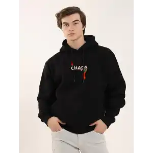 Unisex Baskılı Oversize Üç İplik Kapüşonlu Sweatshirt - Siyah