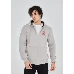 Unisex Baskılı Tam Fermuarlı Kapşonlu SweatShirt - Boyalı Gri