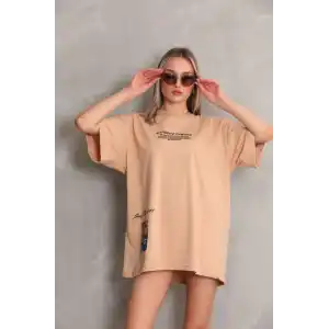 Unisex Bisiklet Yaka Baskılı Oversize T-Shirt - Bej