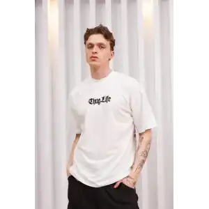 Unisex Bisiklet Yaka Baskılı Oversize T-Shirt - Beyaz