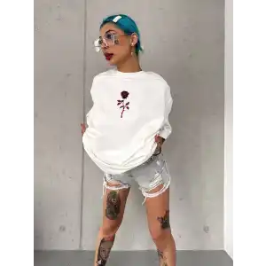 Unisex Bisiklet Yaka Baskılı Oversize T-Shirt - Beyaz