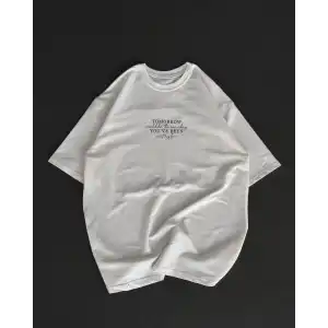 Unisex Bisiklet Yaka Baskılı Oversize T-Shirt - Beyaz