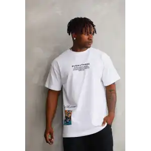 Unisex Bisiklet Yaka Baskılı Oversize T-Shirt - Beyaz