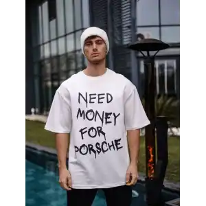 Unisex Bisiklet Yaka Baskılı Oversize T-Shirt - Beyaz