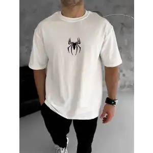 Unisex Bisiklet Yaka Baskılı Oversize T-Shirt - Beyaz