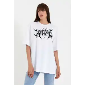 Unisex Bisiklet Yaka Baskılı Oversize T-Shirt - Beyaz
