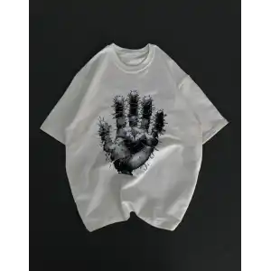 Unisex Bisiklet Yaka Baskılı Oversize T-Shirt - Beyaz