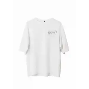 Unisex Bisiklet Yaka Baskılı Oversize T-Shirt - Beyaz