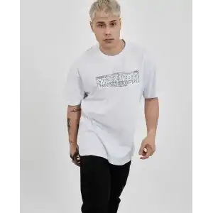 Unisex Bisiklet Yaka Baskılı Oversize T-Shirt - Beyaz