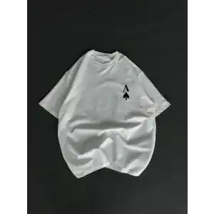 Unisex Bisiklet Yaka Baskılı Oversize T-Shirt - Beyaz