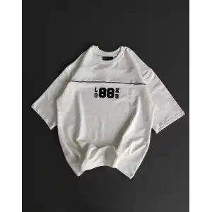 Unisex Bisiklet Yaka Baskılı Oversize T-Shirt - Beyaz