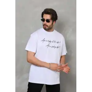 Unisex Bisiklet Yaka Baskılı Oversize T-Shirt - Beyaz