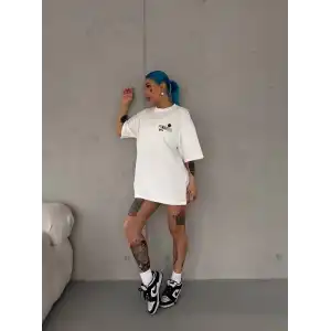Unisex Bisiklet Yaka Baskılı Oversize T-Shirt - Beyaz