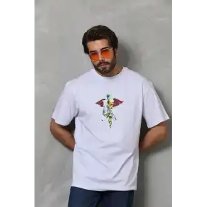Unisex Bisiklet Yaka Baskılı Oversize T-Shirt - Beyaz