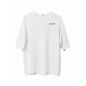 Unisex Bisiklet Yaka Baskılı Oversize T-Shirt - Beyaz