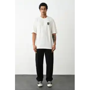 Unisex Bisiklet Yaka Baskılı Oversize T-Shirt - Beyaz