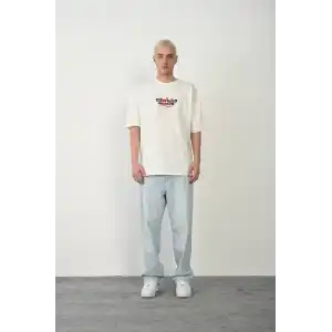 Unisex Bisiklet Yaka Baskılı Oversize T-Shirt - Beyaz