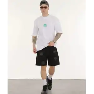 Unisex Bisiklet Yaka Baskılı Oversize T-Shirt - Beyaz