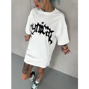 Unisex Bisiklet Yaka Baskılı Oversize T-Shirt - Beyaz