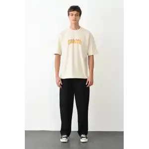Unisex Bisiklet Yaka Baskılı Oversize T-Shirt - Beyaz