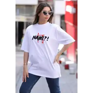 Unisex Bisiklet Yaka Baskılı Oversize T-Shirt - Beyaz