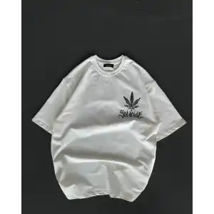 Unisex Bisiklet Yaka Baskılı Oversize T-Shirt - Beyaz