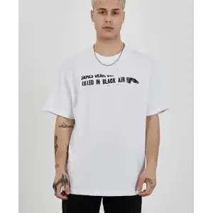 Unisex Bisiklet Yaka Baskılı Oversize T-Shirt - Beyaz
