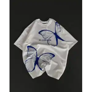 Unisex Bisiklet Yaka Baskılı Oversize T-Shirt - Beyaz