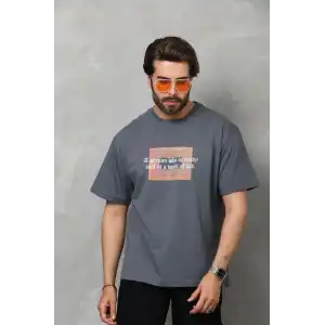 Unisex Bisiklet Yaka Baskılı Oversize T-Shirt - Füme