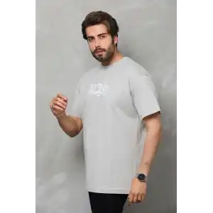 Unisex Bisiklet Yaka Baskılı Oversize T-Shirt - Gri
