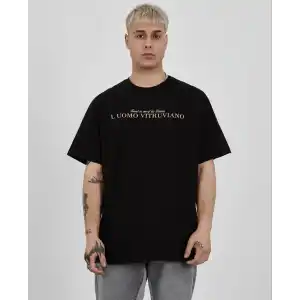 Unisex Bisiklet Yaka Baskılı Oversize T-Shirt - Siyah